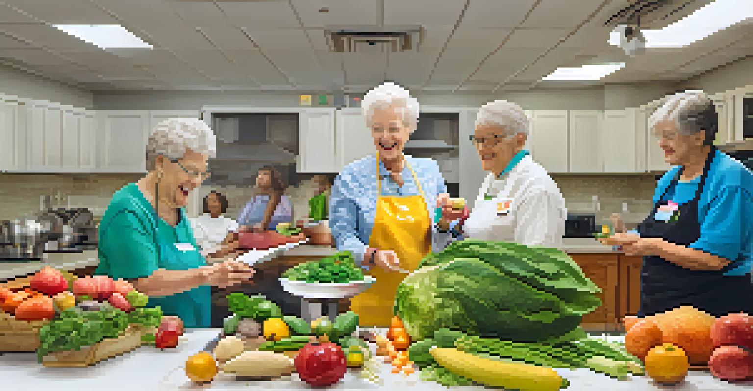 Seniors engaged in a nutrition workshop in a community kitchen, learning to prepare healthy meals.