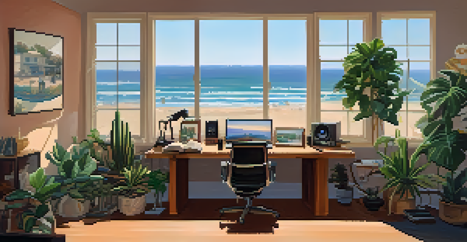 A cozy podcast studio with plants and soft lighting, featuring a microphone and local artwork, with a view of Santa Monica beach.