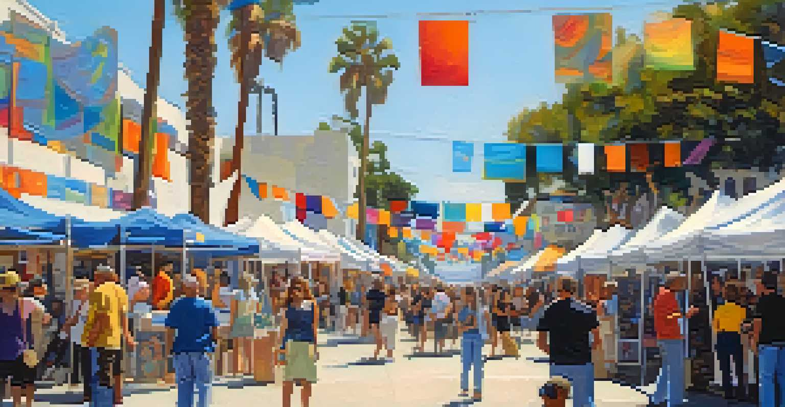 A lively art festival in Santa Monica, featuring local artists' booths and live performances under a clear blue sky.
