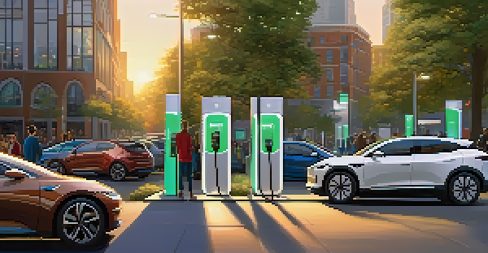 A lively city street with various electric vehicles charging at a modern charging station, illuminated by warm lights at dusk.