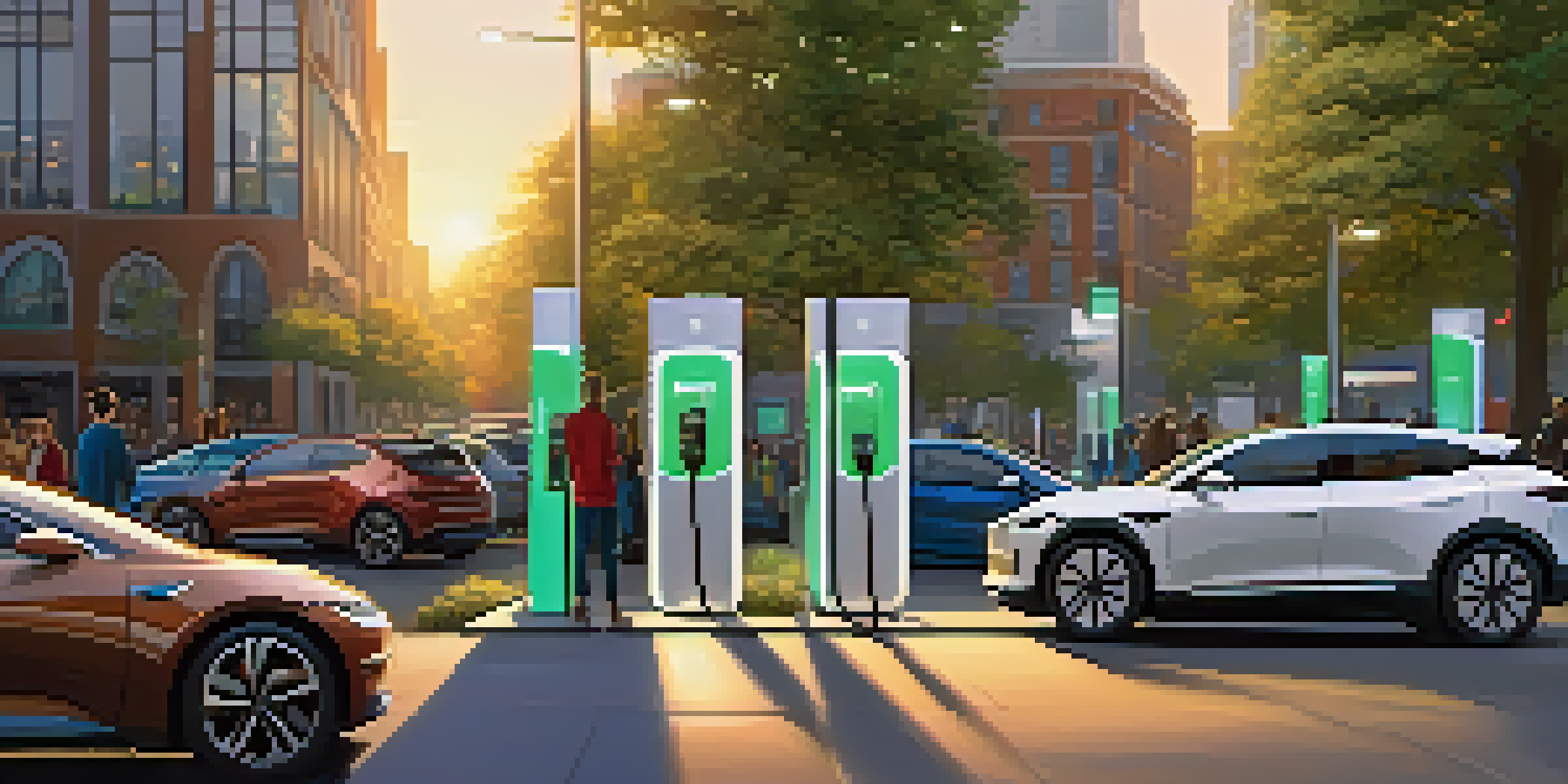 A lively city street with various electric vehicles charging at a modern charging station, illuminated by warm lights at dusk.