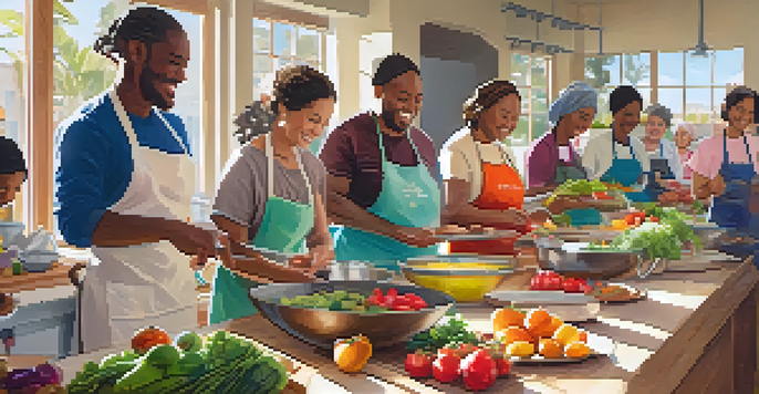 A lively cooking class in Santa Monica with diverse participants learning about nutrition, surrounded by fresh produce and bright sunlight.