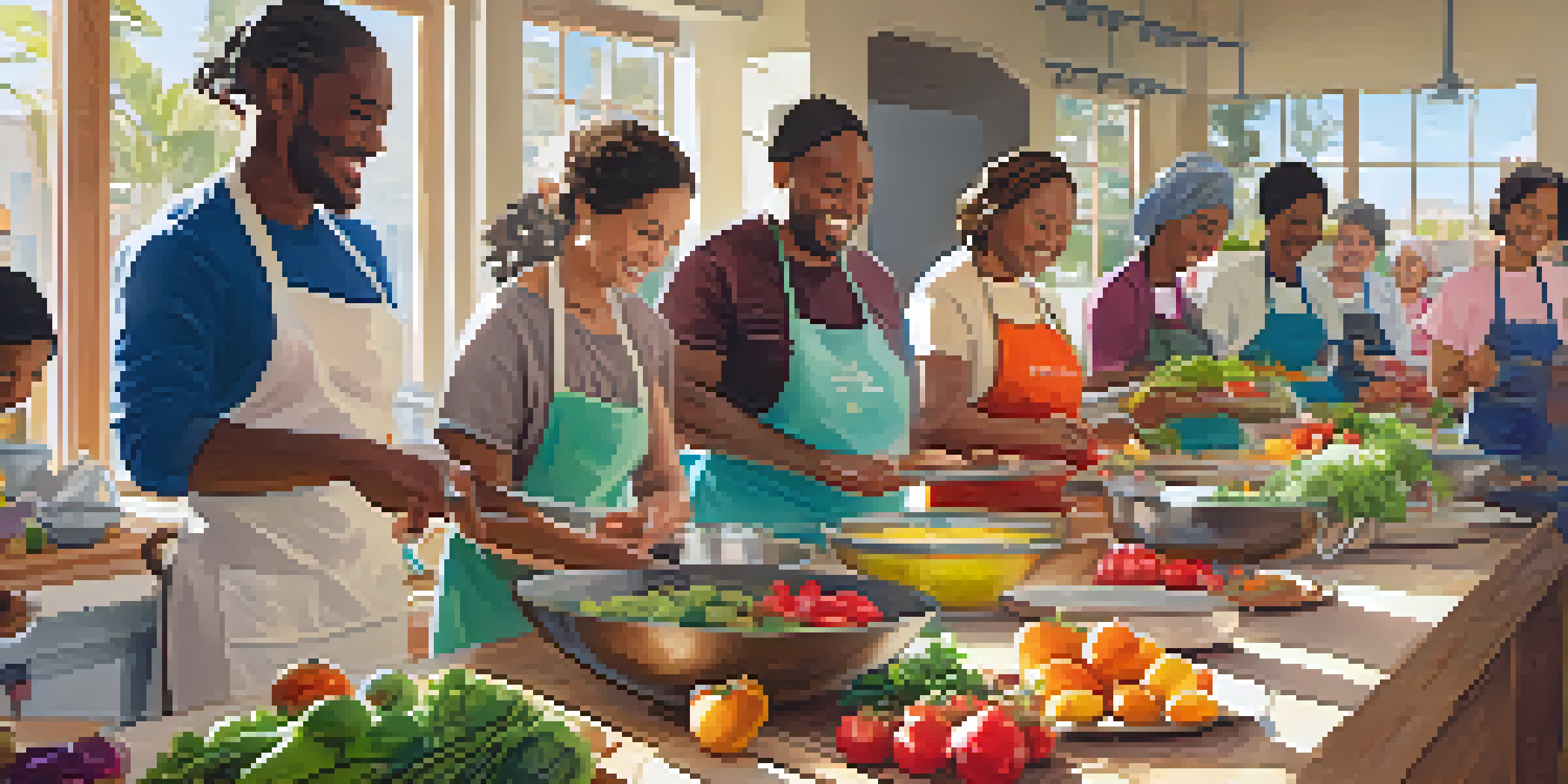 A lively cooking class in Santa Monica with diverse participants learning about nutrition, surrounded by fresh produce and bright sunlight.