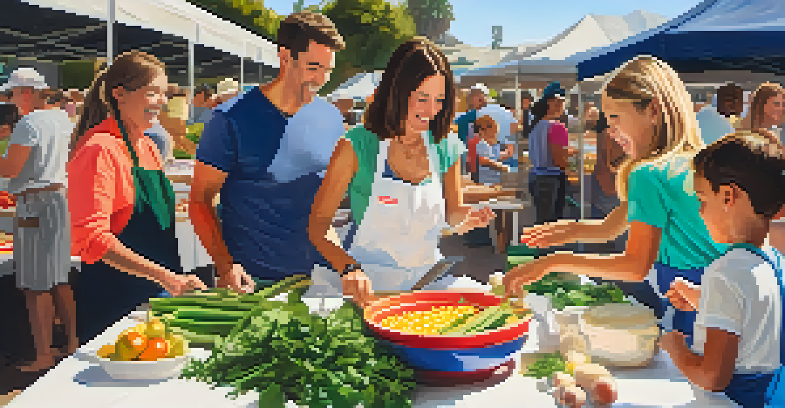 A family engaged in a cooking demonstration at a farmers market, with children learning to prepare a dish using fresh vegetables.