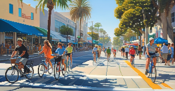 A lively street in Santa Monica with cyclists using a bike lane, surrounded by palm trees and colorful shops under a bright blue sky.