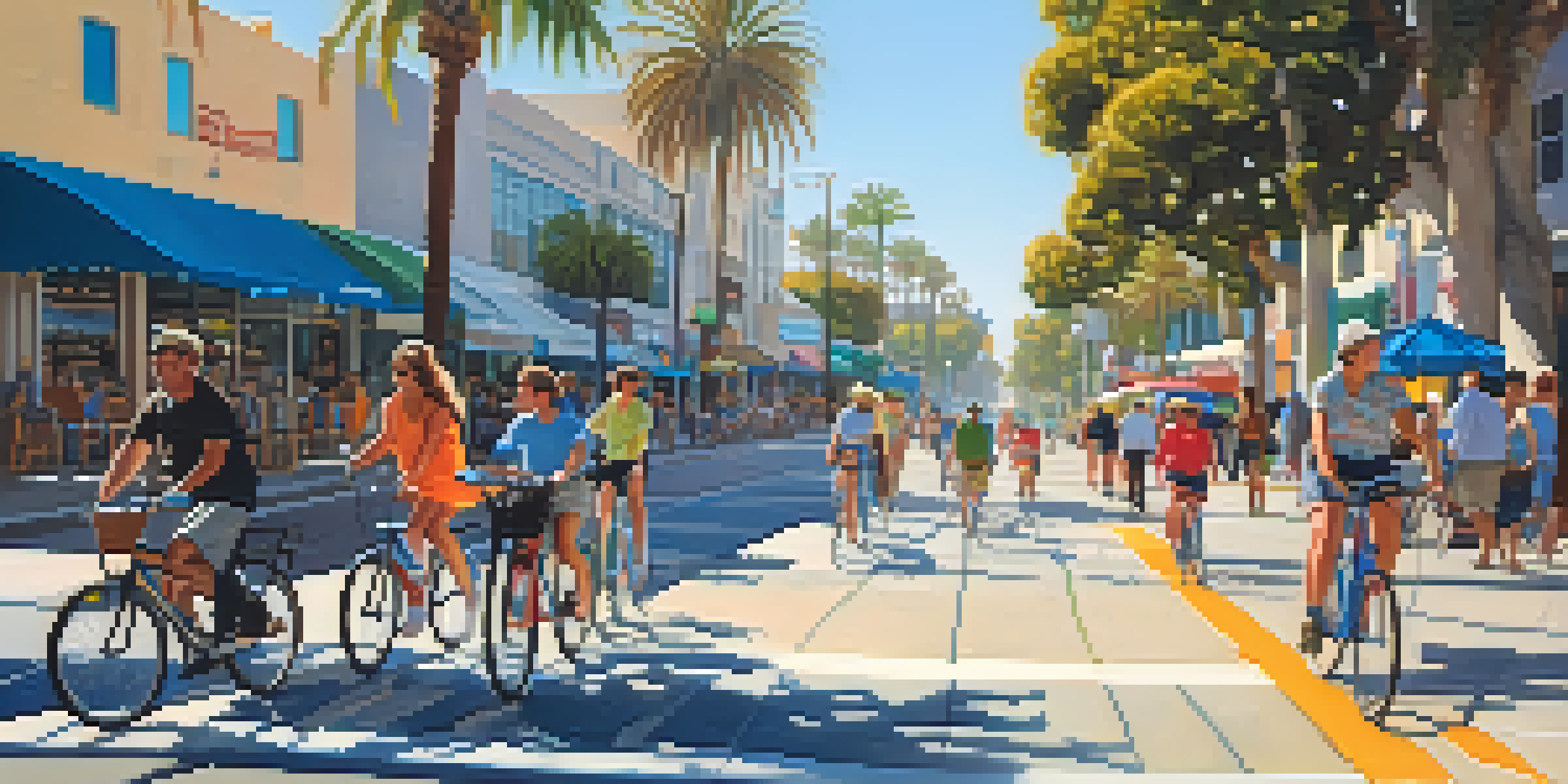 A lively street in Santa Monica with cyclists using a bike lane, surrounded by palm trees and colorful shops under a bright blue sky.