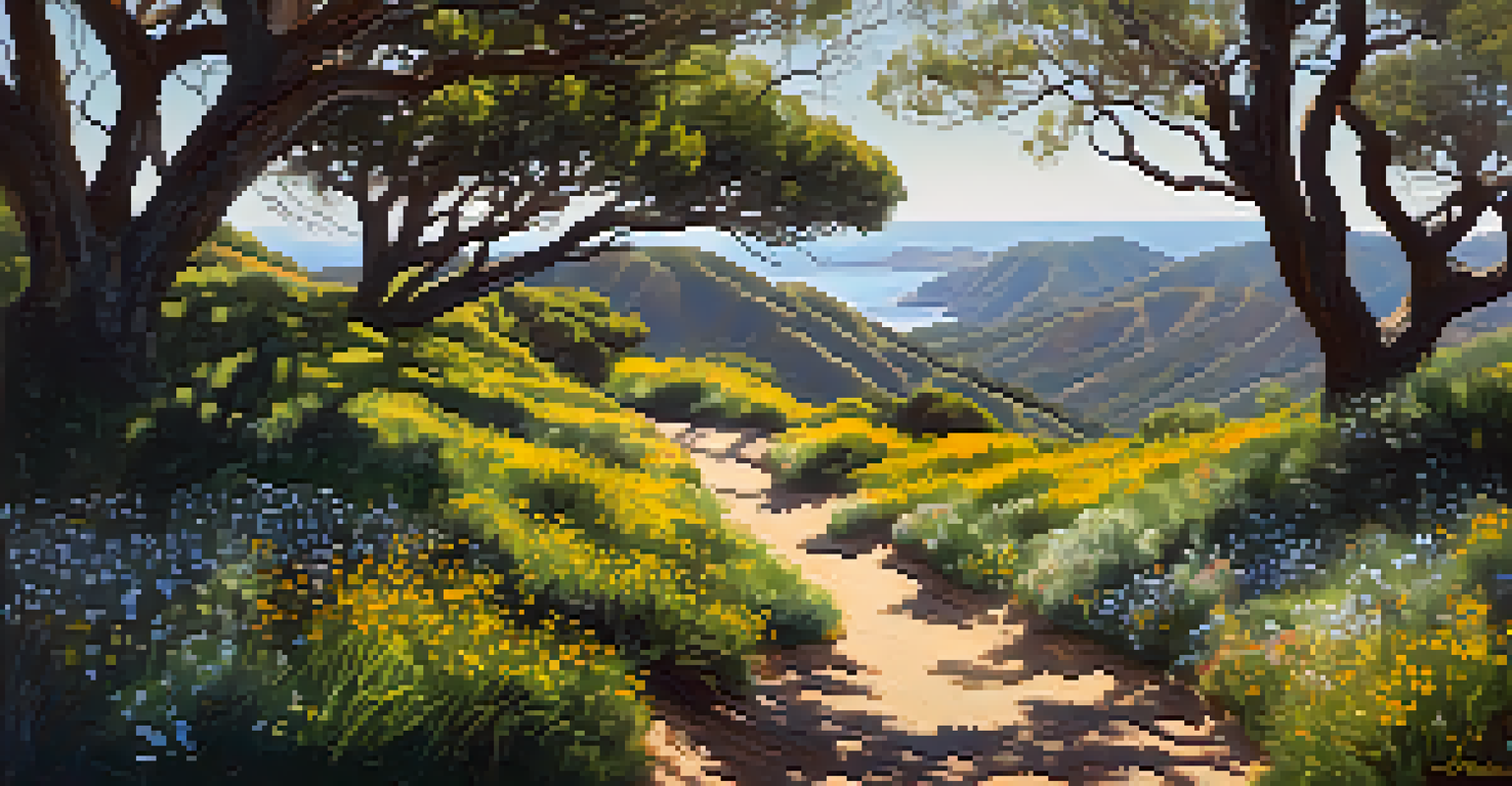 A hiking trail in the Santa Monica Mountains with wildflowers, trees, and a deer grazing.