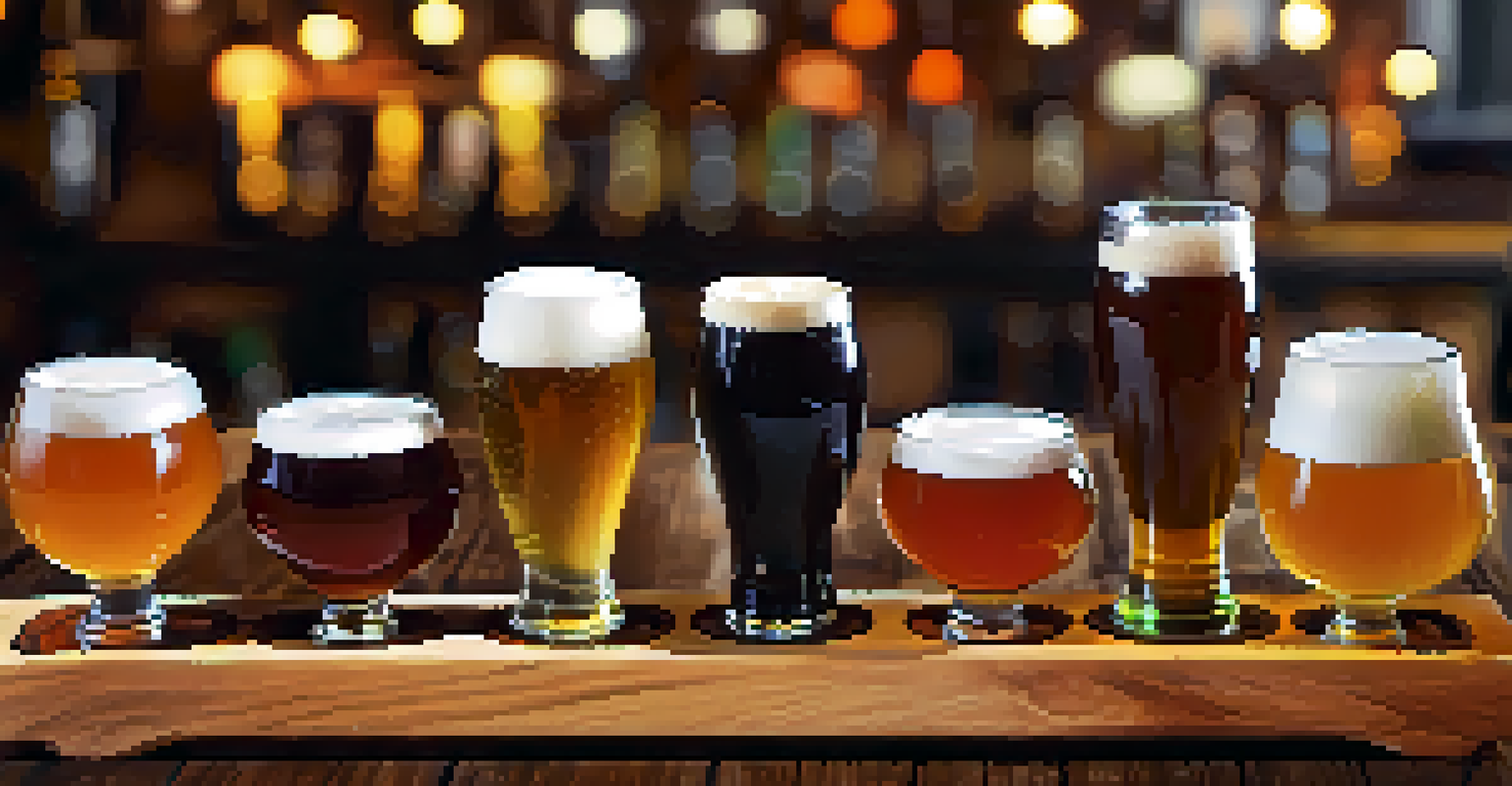 A close-up of a craft beer flight showcasing colorful brews from Santa Monica breweries on a wooden paddle.