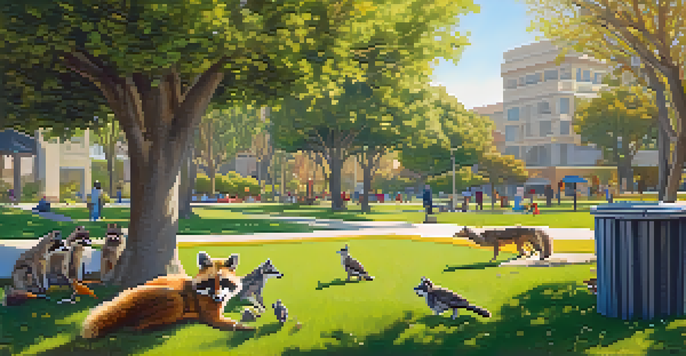 A peaceful park in Santa Monica featuring various urban wildlife such as birds, a raccoon, and a coyote, with sunlight filtering through the trees.