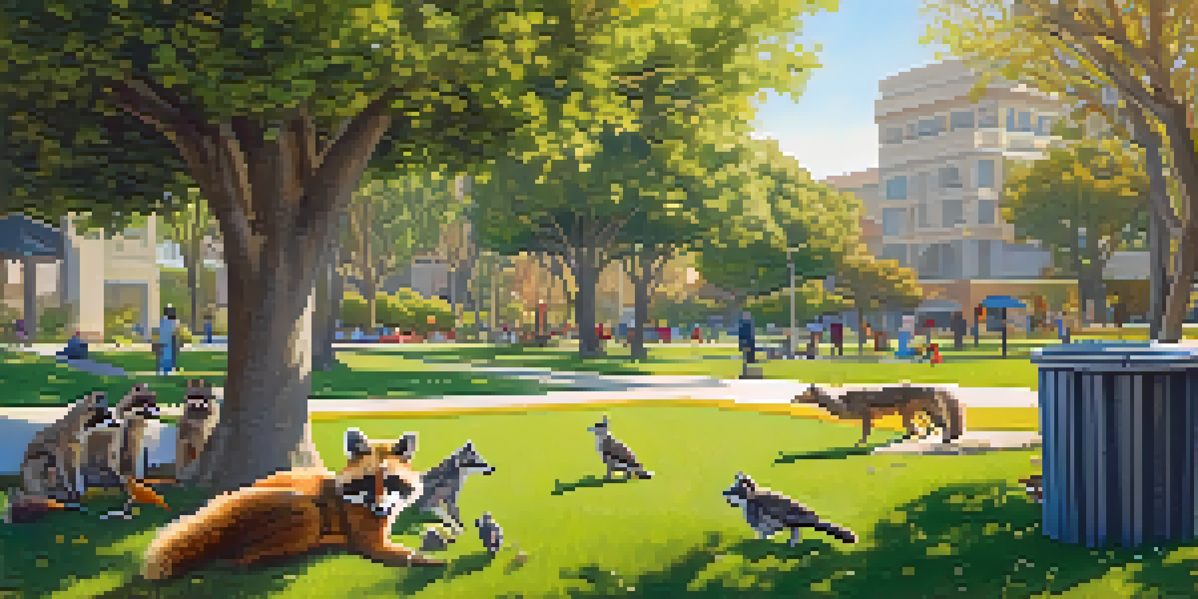 A peaceful park in Santa Monica featuring various urban wildlife such as birds, a raccoon, and a coyote, with sunlight filtering through the trees.