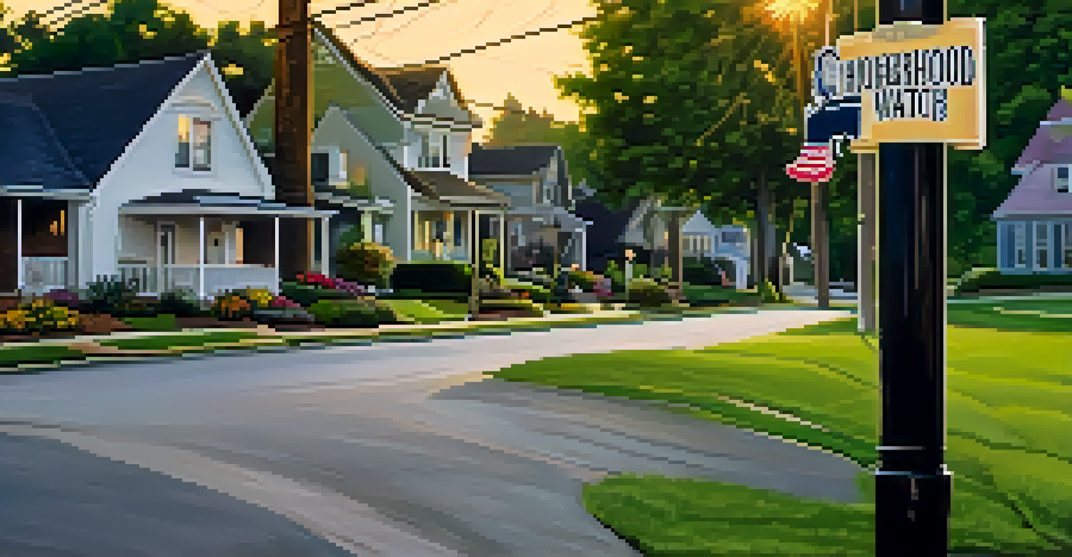 Close-up of a neighborhood watch sign on a wooden post with a suburban street in the background during sunset.