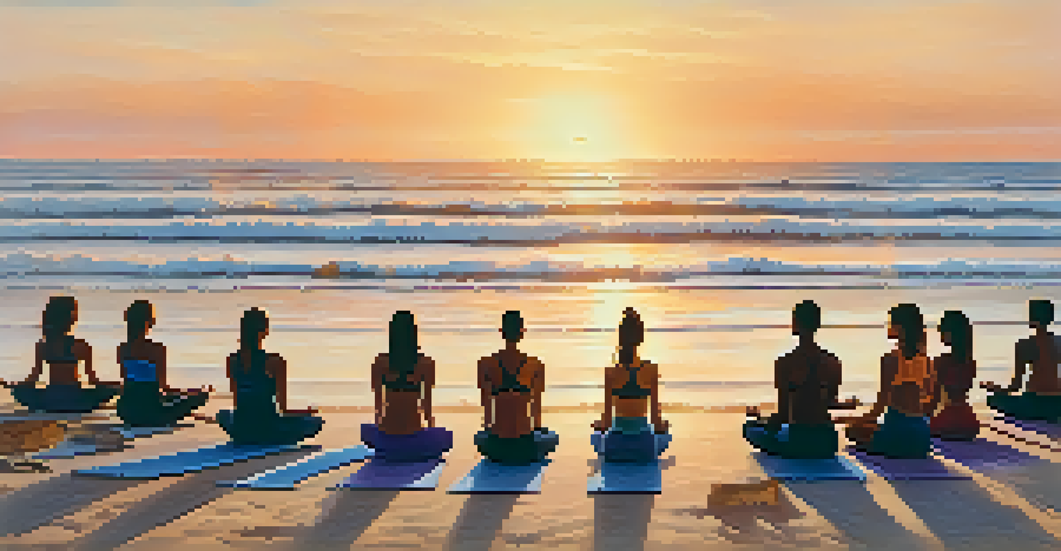 Participants practicing yoga on the beach at sunrise, surrounded by calm ocean waves and a peaceful atmosphere.