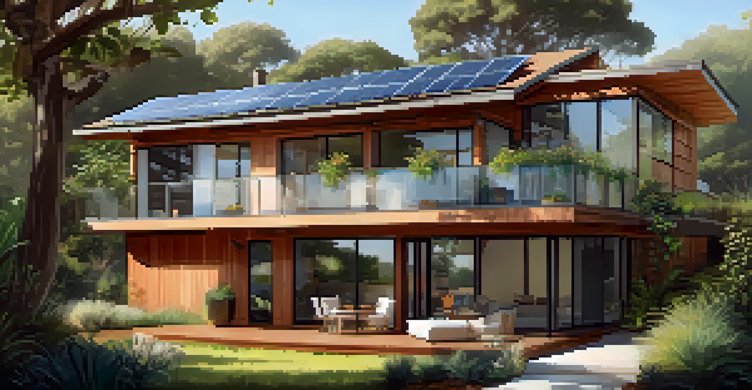 A modern eco-friendly home with solar panels and greenery in Santa Monica.