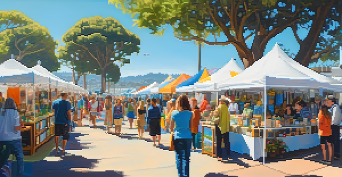 A lively craft fair in Santa Monica with artisans showcasing colorful handmade products under a clear blue sky and greenery.