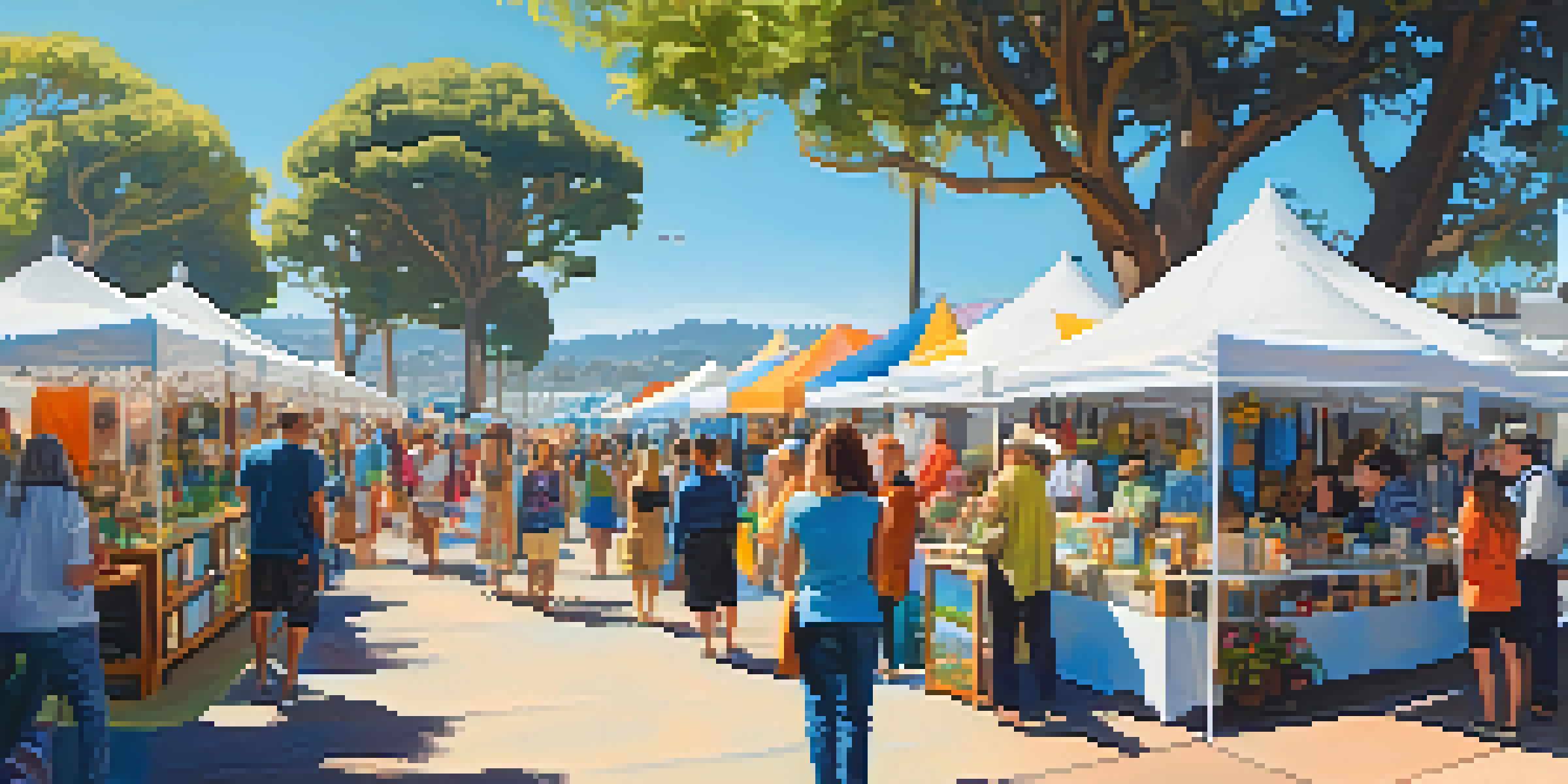 A lively craft fair in Santa Monica with artisans showcasing colorful handmade products under a clear blue sky and greenery.