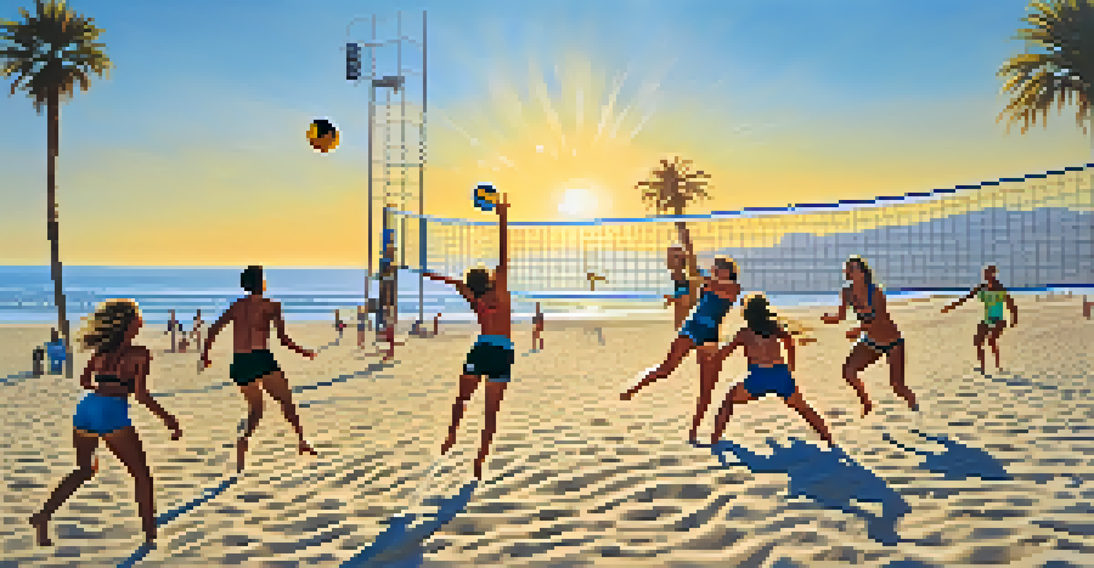 A beach volleyball game in action near Santa Monica, with players diving and the ocean in the background.