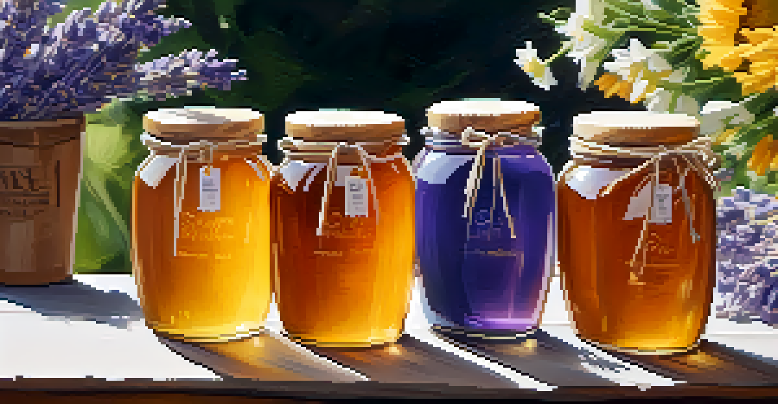 Close-up of jars of local honey with different varieties, surrounded by flowers and a wooden dipper, illuminated by sunlight.