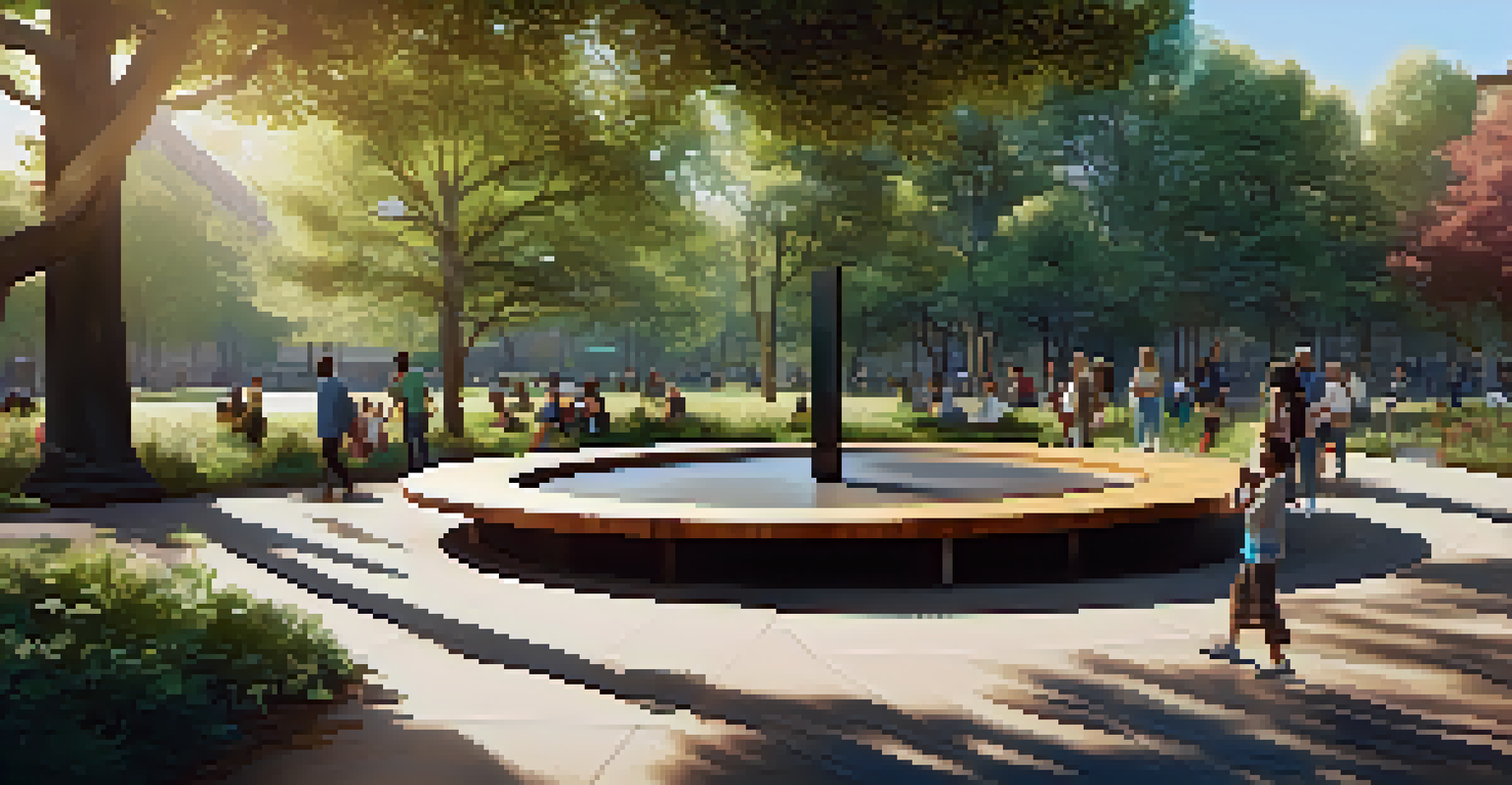 An interactive sculpture in a park, surrounded by trees and people interacting with the art piece.
