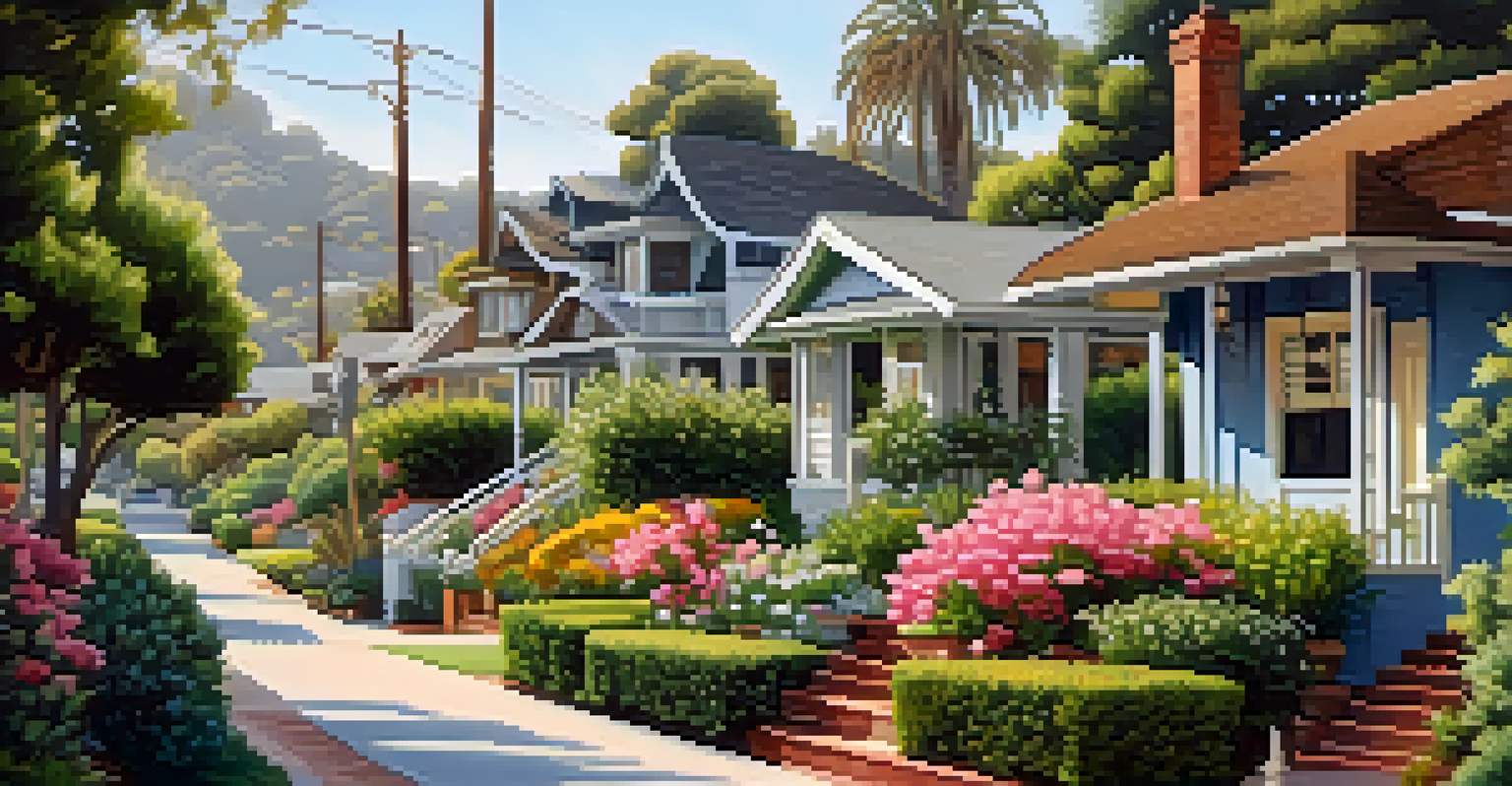 A quiet neighborhood in Santa Monica with Craftsman-style homes surrounded by gardens, showcasing handcrafted architectural details.