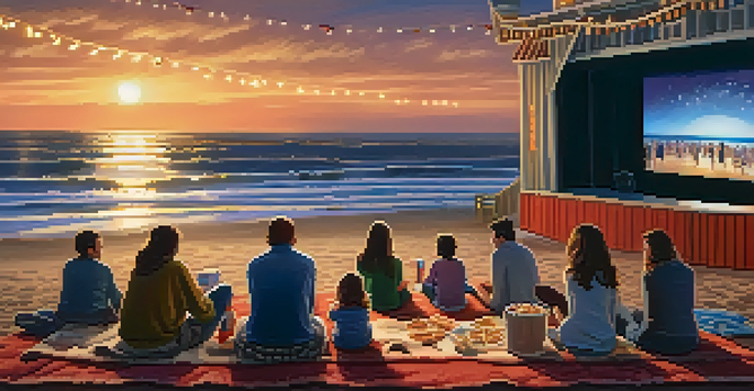 Families enjoying an outdoor movie night at Santa Monica Pier with blankets, snacks, and a large movie screen against a starry sky.