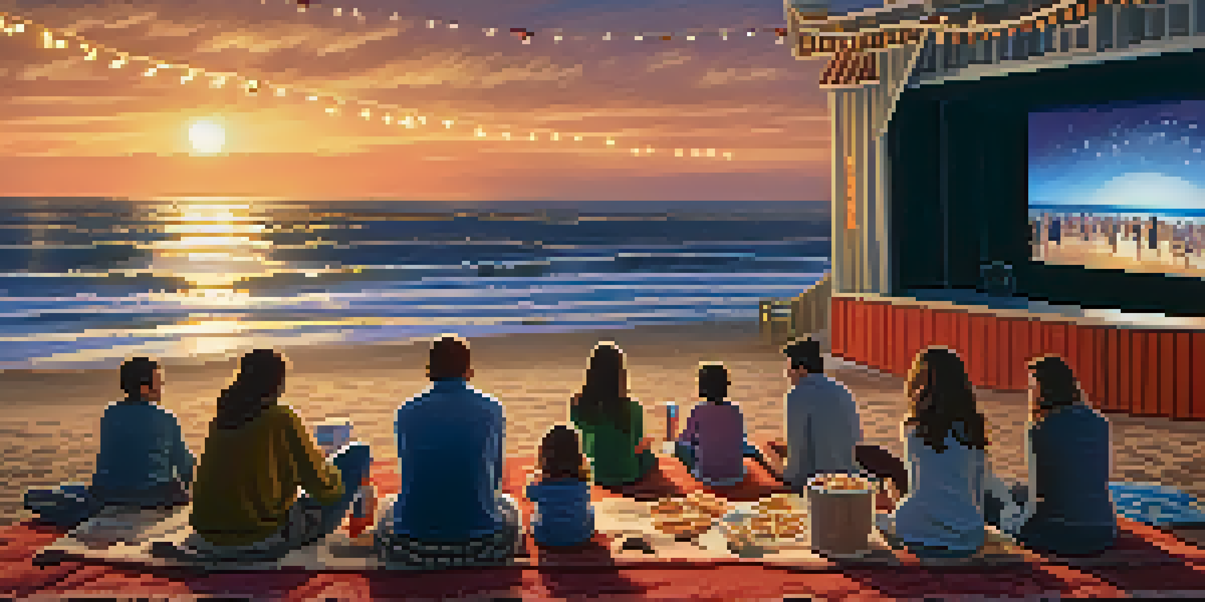 Families enjoying an outdoor movie night at Santa Monica Pier with blankets, snacks, and a large movie screen against a starry sky.