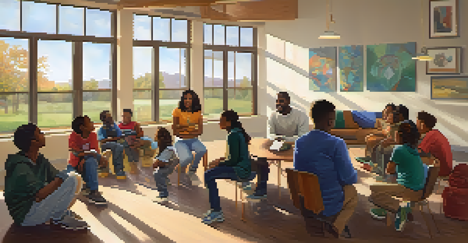 A diverse group of young people in a mentoring session at a community center, engaged and listening to an inspiring mentor.