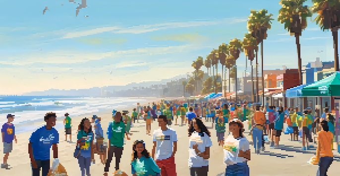 A diverse group of young people participating in a beach clean-up in Santa Monica, with the ocean and palm trees in the background.