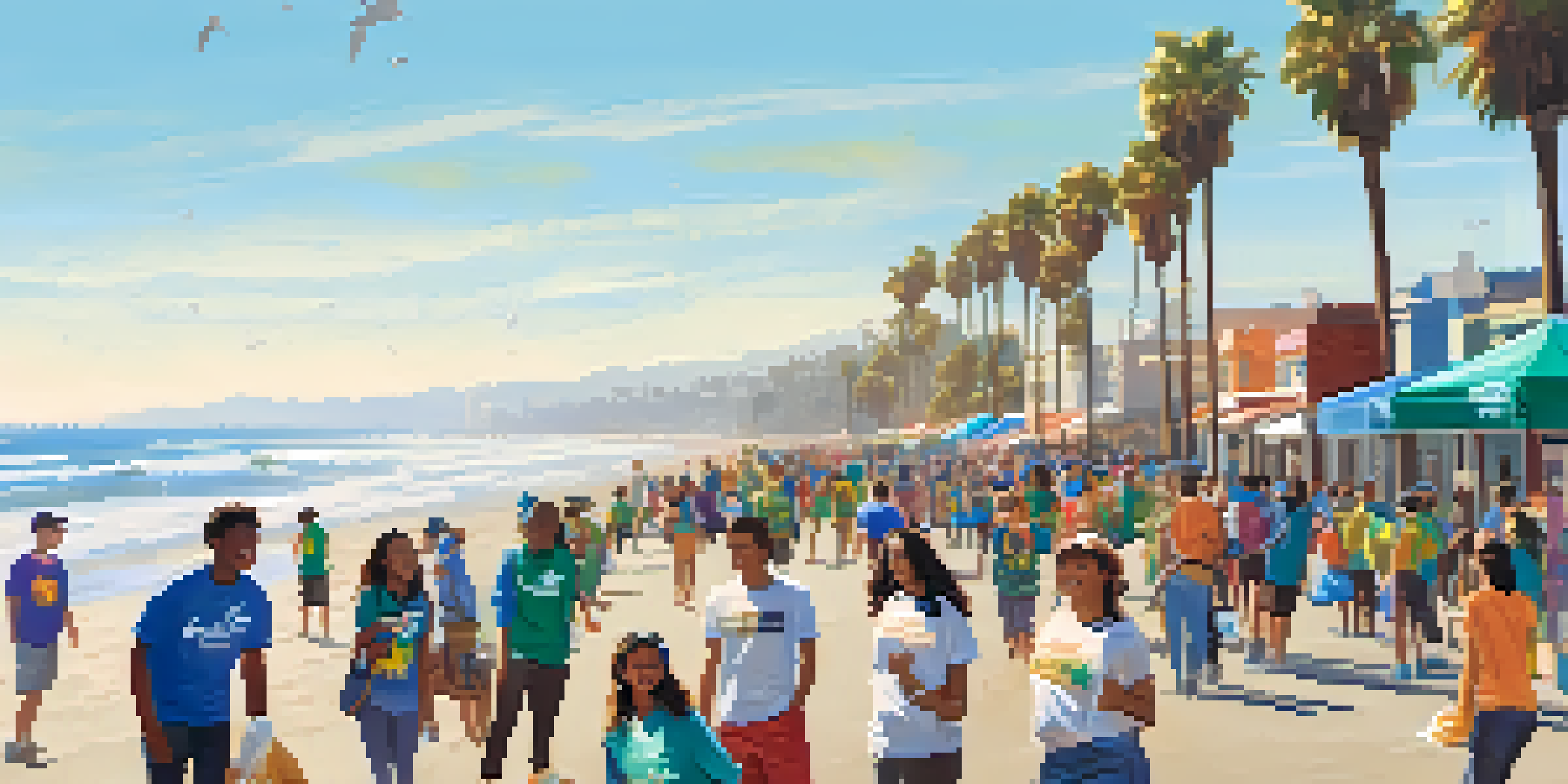 A diverse group of young people participating in a beach clean-up in Santa Monica, with the ocean and palm trees in the background.