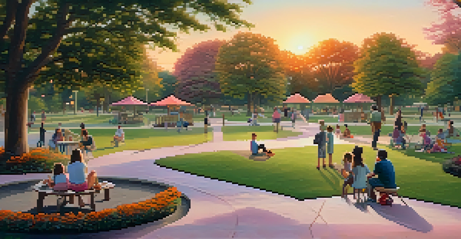 A tranquil sunset scene in Memorial Park with families on picnic blankets and children playing.