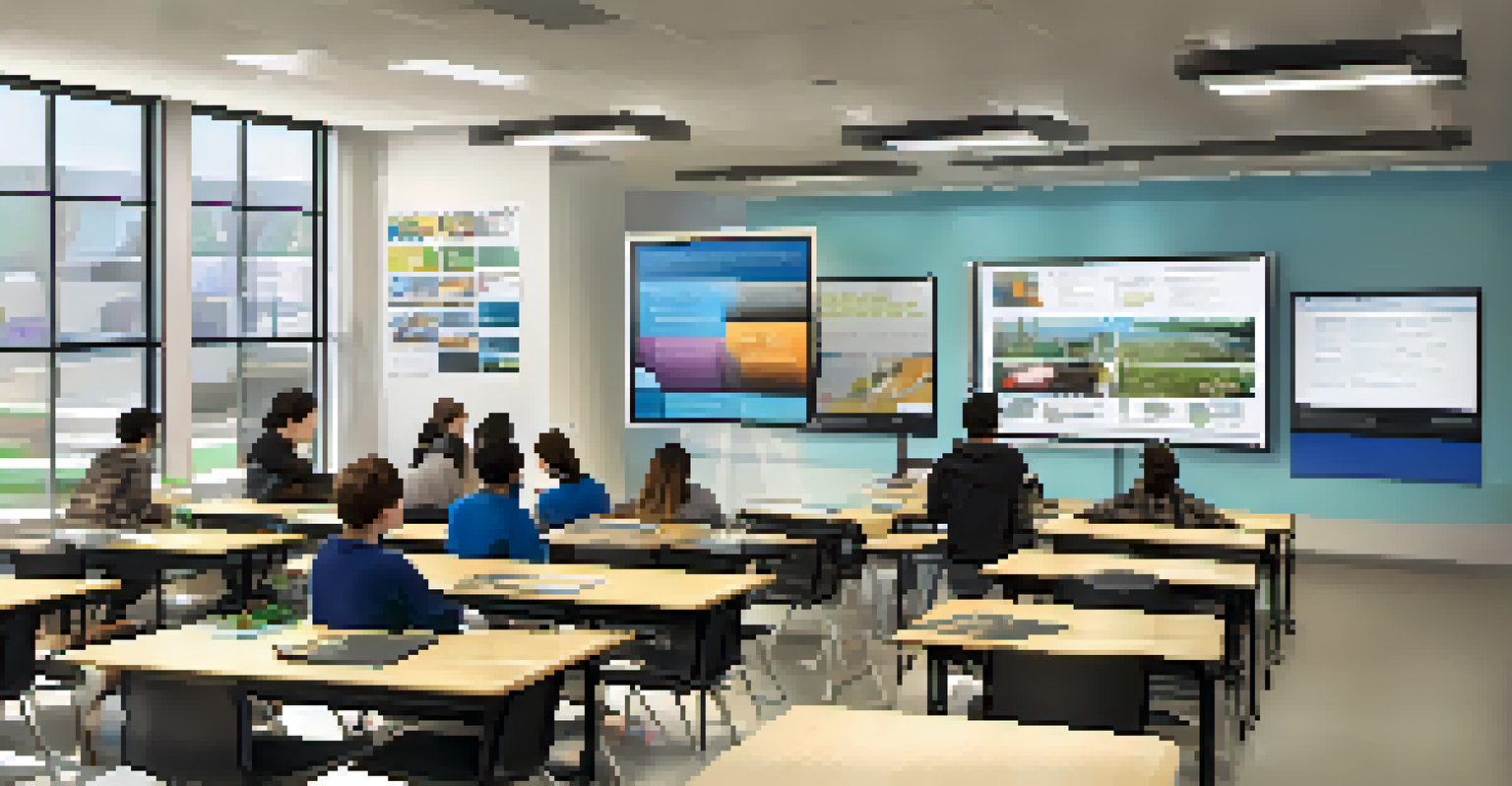 A modern classroom at Santa Monica College with students collaborating on a project, featuring technology and natural light.