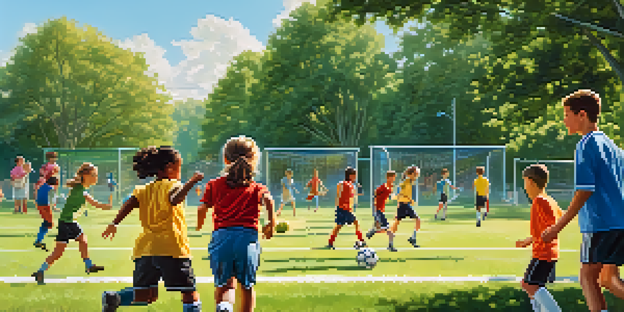 A group of children playing soccer with parents cheering in the background, showcasing teamwork and community spirit.