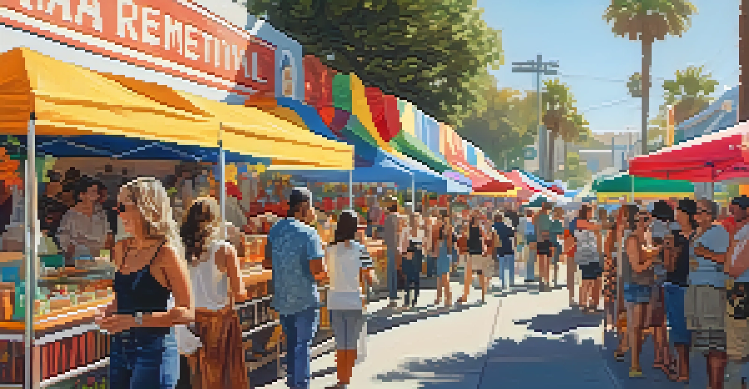 A lively street festival in Santa Monica with colorful stalls, diverse crowd, and sunny atmosphere.
