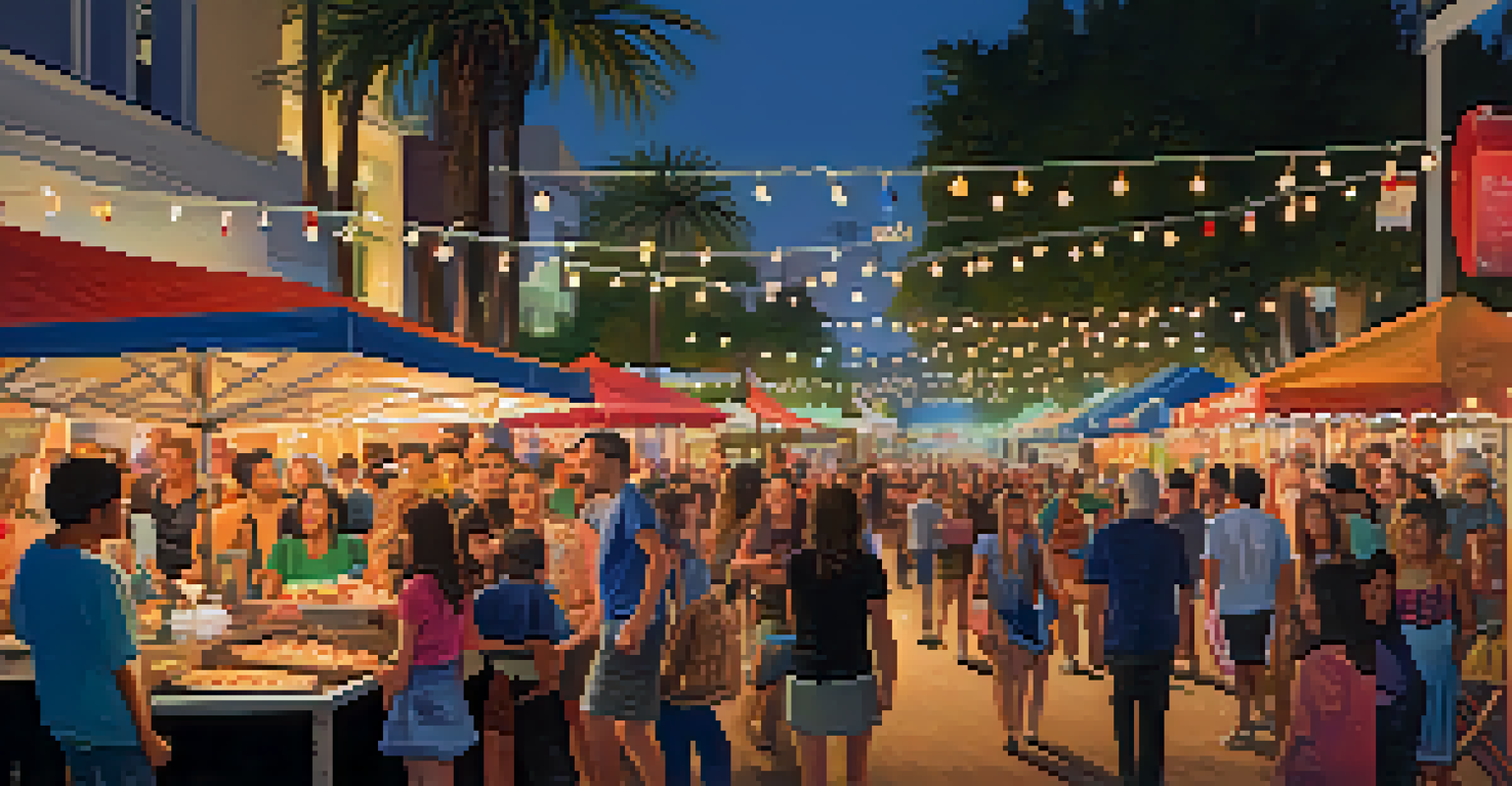 A bustling street scene at a Santa Monica music festival with food vendors, art displays, and musicians, all under string lights.