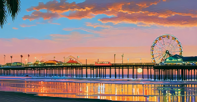 A sunset view of Santa Monica Pier with people and palm trees, vibrant colors in the sky reflecting on the water.