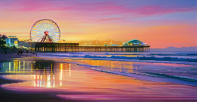 A coastal scene of Santa Monica at sunset with the illuminated Santa Monica Pier and gentle waves on the beach.