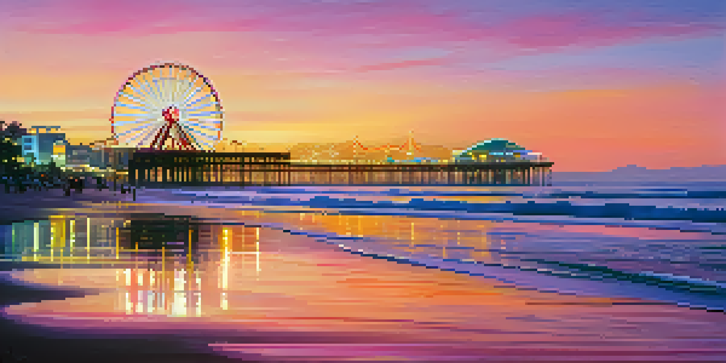 A coastal scene of Santa Monica at sunset with the illuminated Santa Monica Pier and gentle waves on the beach.