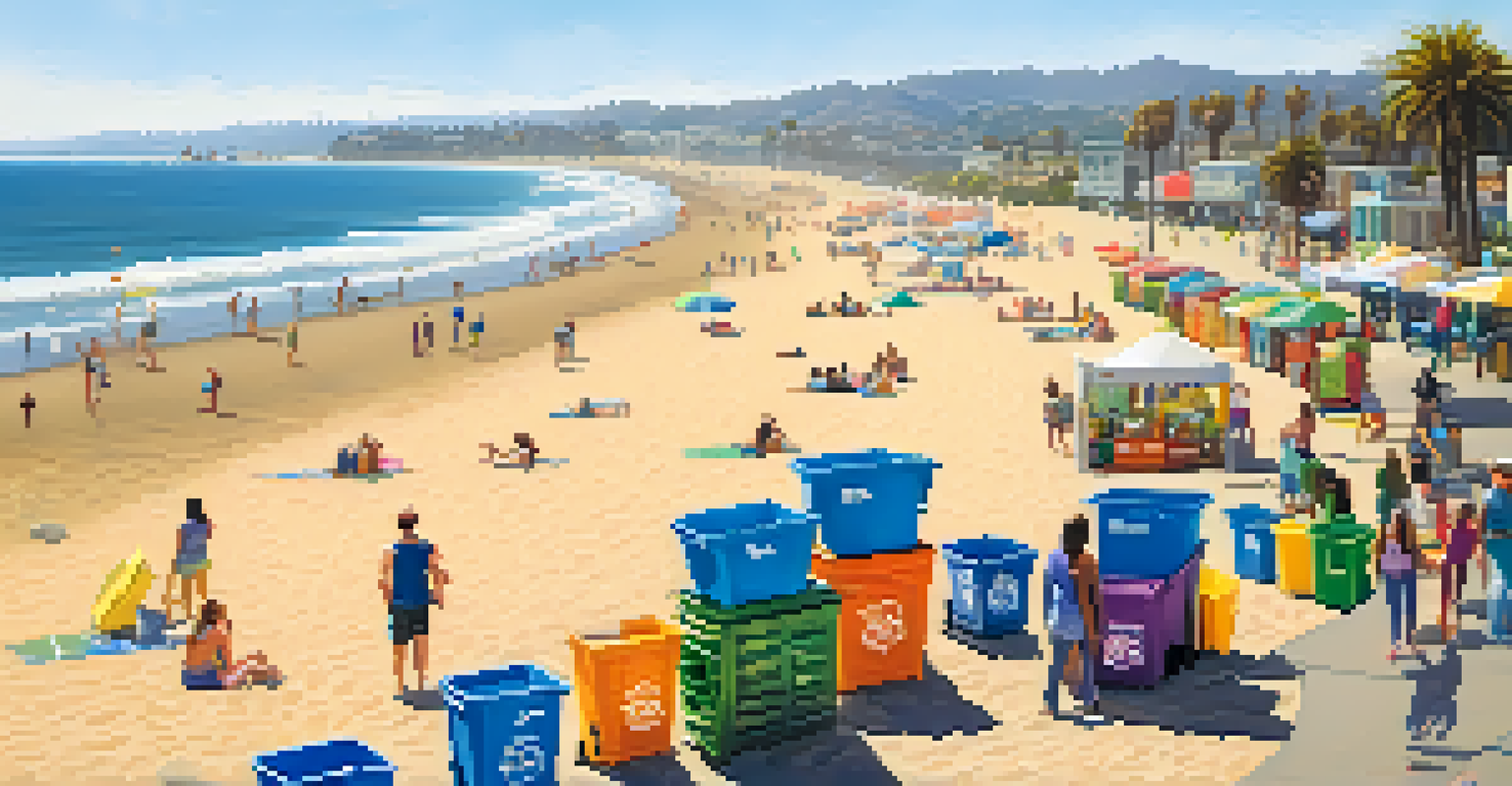 A beautiful beach scene in Santa Monica, featuring clean sand and recycling stations promoting environmental responsibility.