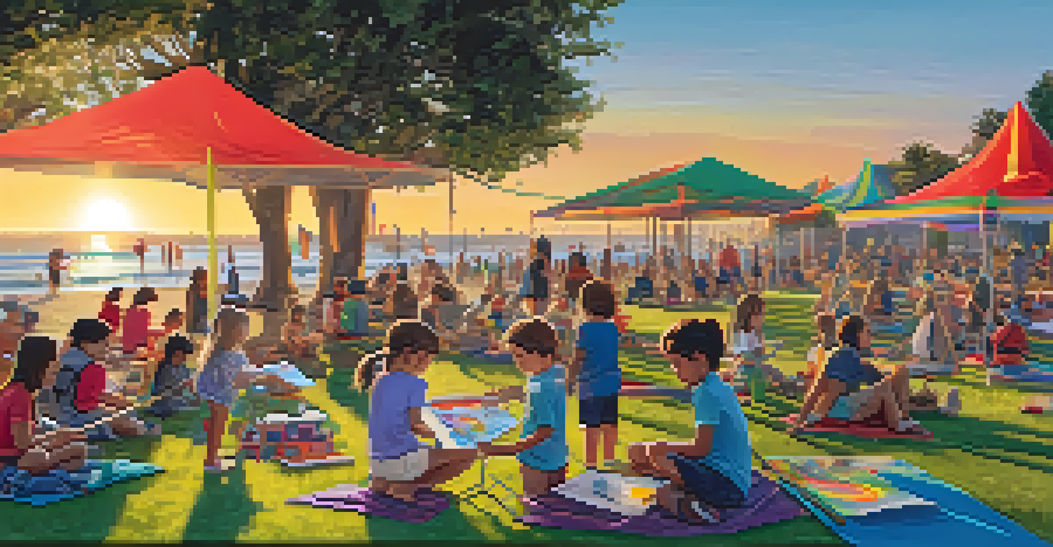 Children engaged in arts and crafts at a concert, with families lounging on blankets in the background.