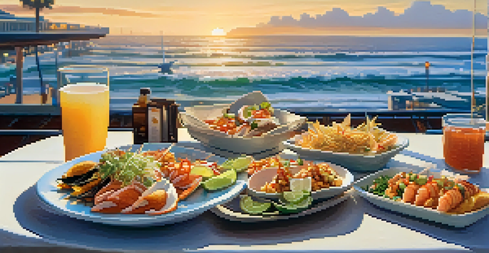 A beachside dining table with various seafood dishes and ocean waves in the background during sunset.