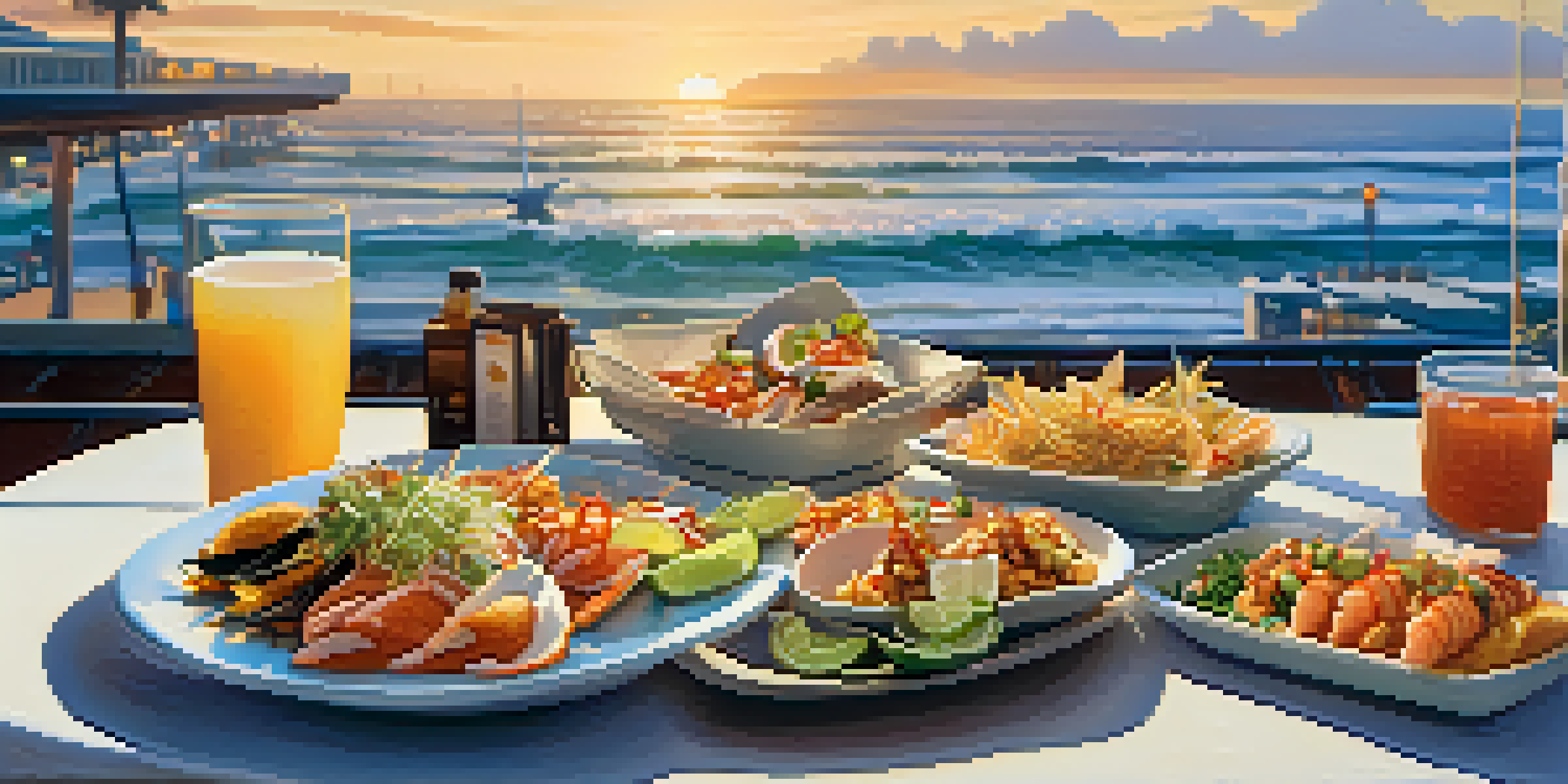 A beachside dining table with various seafood dishes and ocean waves in the background during sunset.