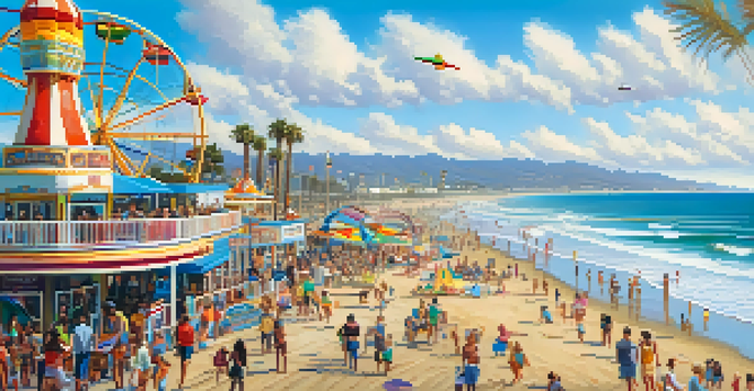 A lively Santa Monica beach scene with the pier, carnival rides, sunbathers, and surfers under a bright blue sky.
