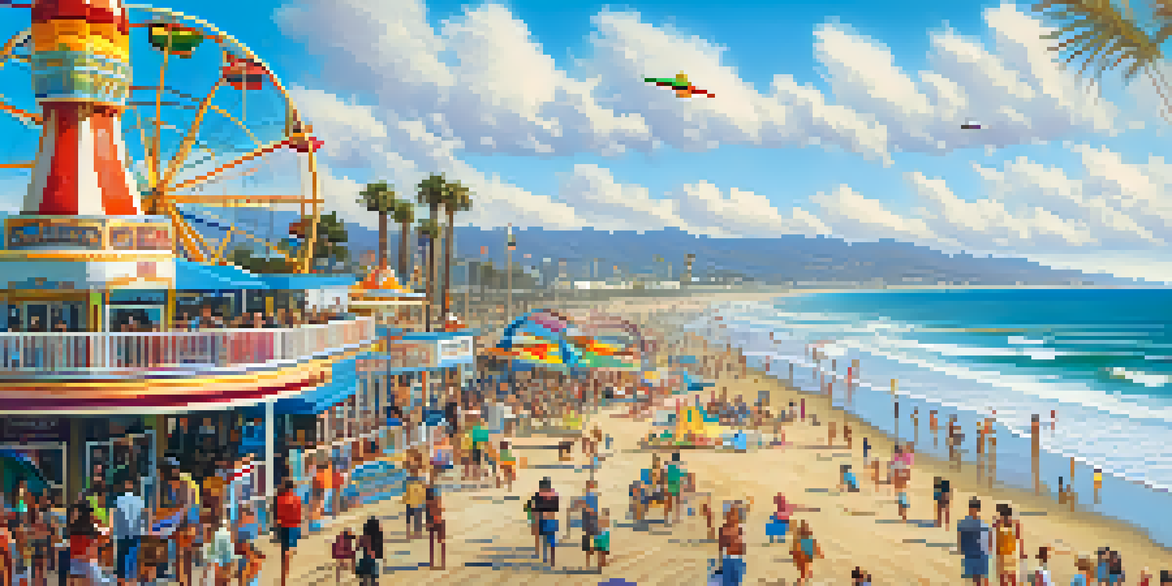 A lively Santa Monica beach scene with the pier, carnival rides, sunbathers, and surfers under a bright blue sky.