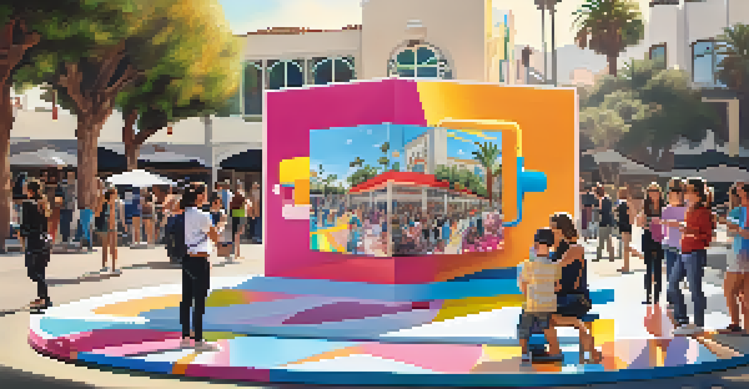 An interactive art installation in Santa Monica, where people use smartphones to engage with augmented reality features, surrounded by colorful art.