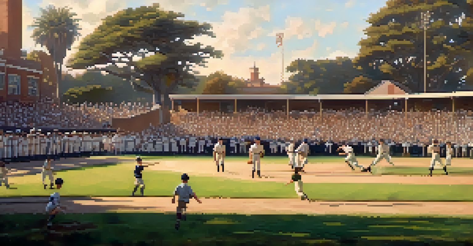 A youth baseball game in Santa Monica during the 1920s, with players in vintage uniforms and a cheering crowd in the background.
