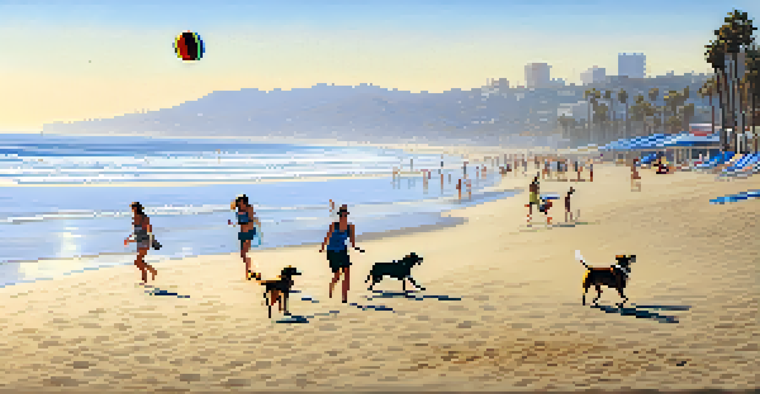 A dog playing in the sand at Santa Monica Beach with its owner throwing a frisbee.