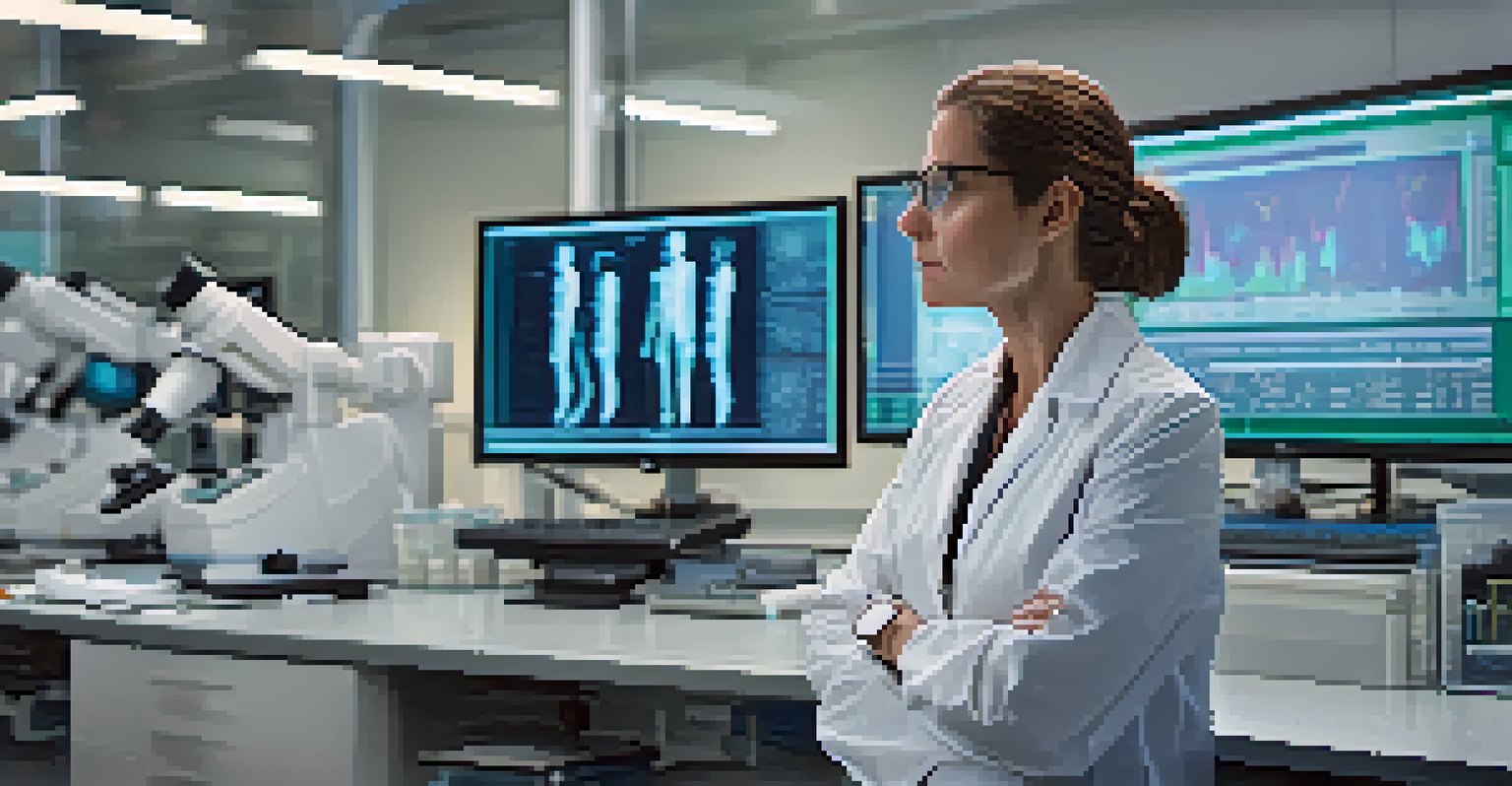An epidemiologist analyzing health data in a modern lab, surrounded by advanced technology and focused on her research.