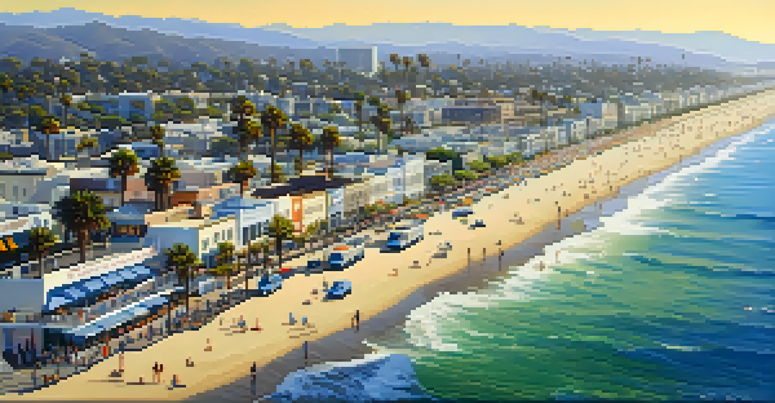 Aerial view of Santa Monica's coastline with public buses and a crowded beach.