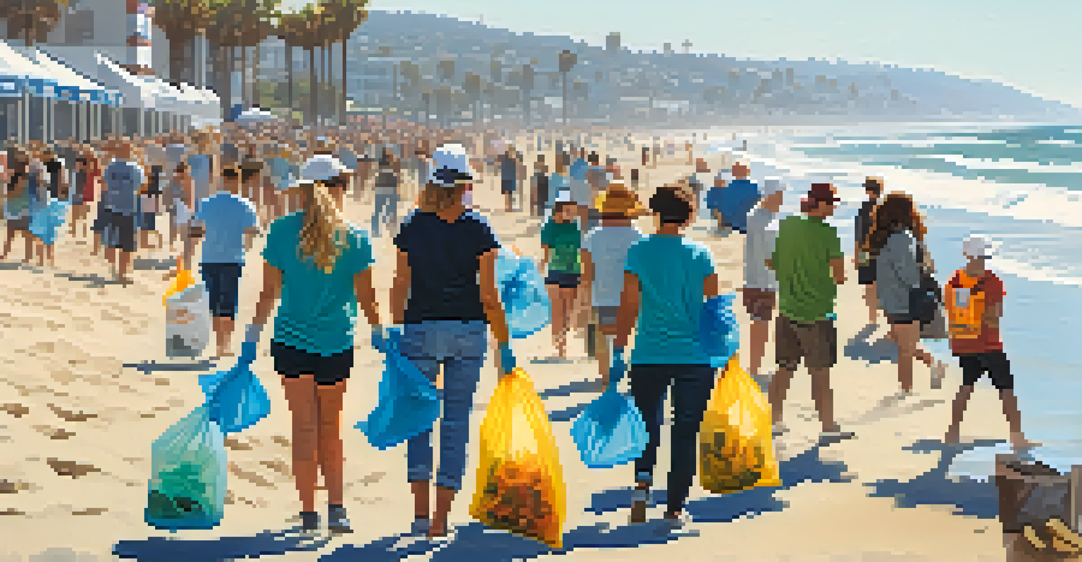 Festival-goers engaged in a beach clean-up in Santa Monica, collecting trash along the shoreline with the ocean in the background.