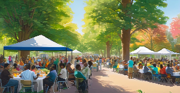 A diverse group of residents participating in a community meeting in a park, discussing sustainability initiatives with colorful posters and tables around them.
