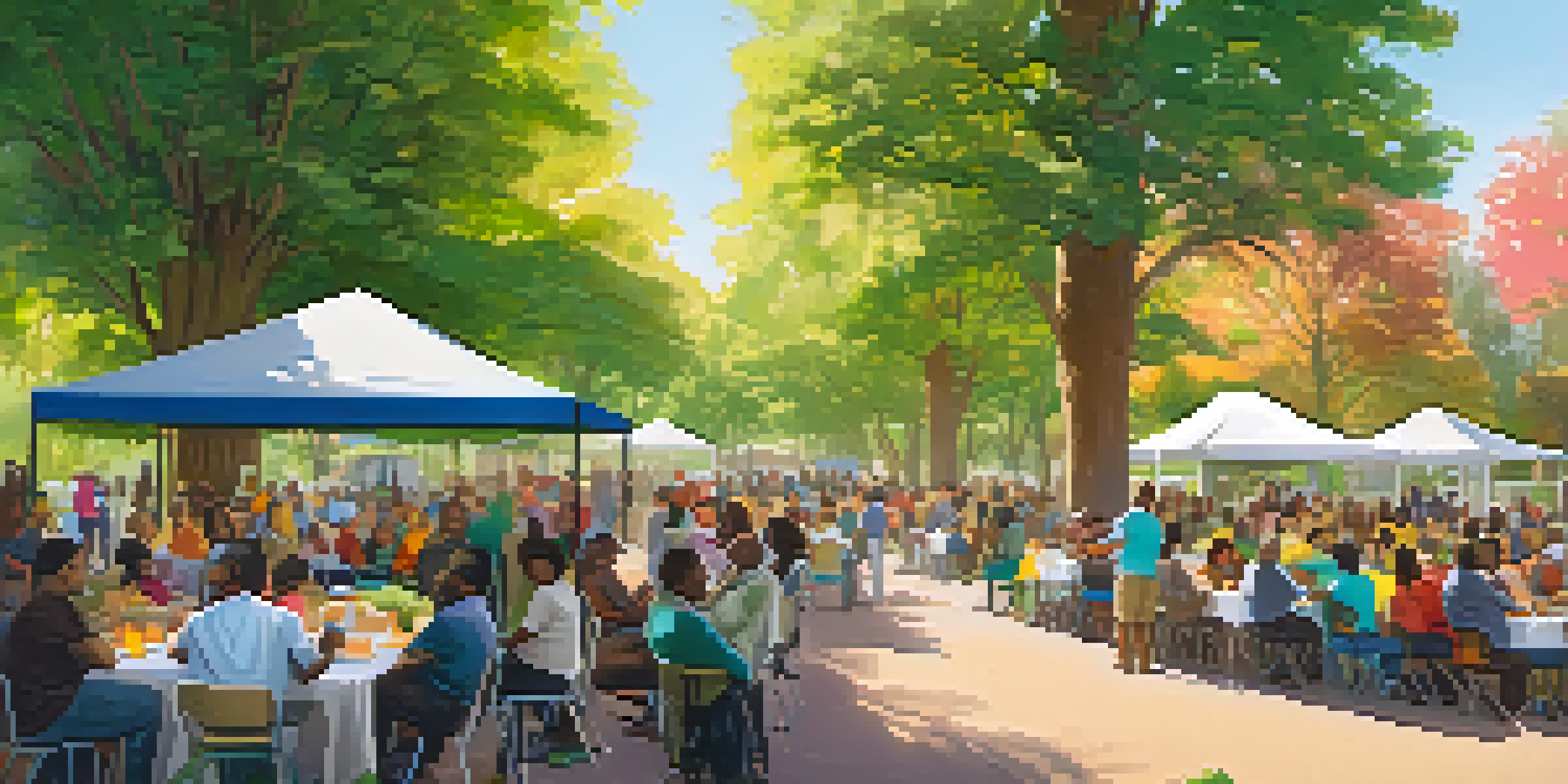 A diverse group of residents participating in a community meeting in a park, discussing sustainability initiatives with colorful posters and tables around them.